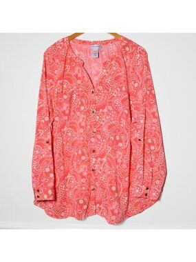 Catherines Button Front Roll Tab Sleeve Top Coral Paisley Flowy Size 1X 18/20W